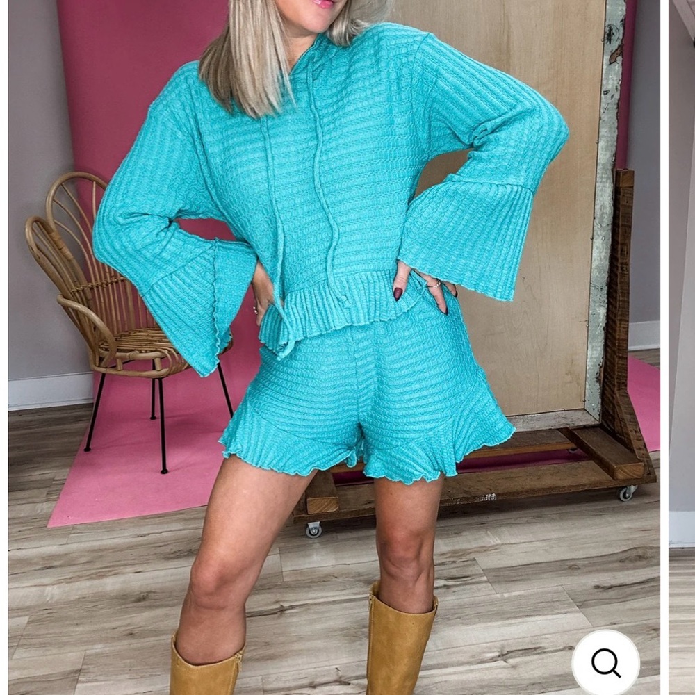 🔥Heyson Waffle Knit Ruffle Detail Hoodie and Short Set🔥